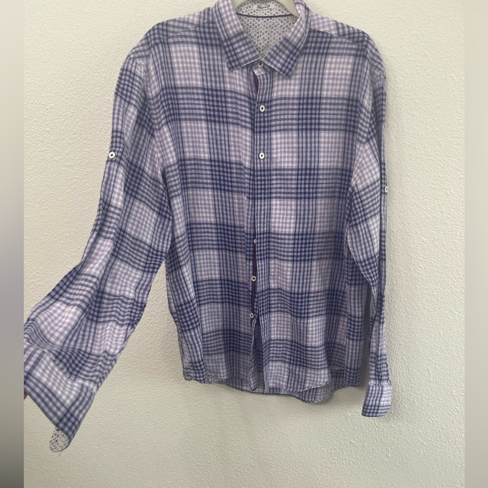 Bugatchi Purple Linen Checkered Men's Shirt Size XL